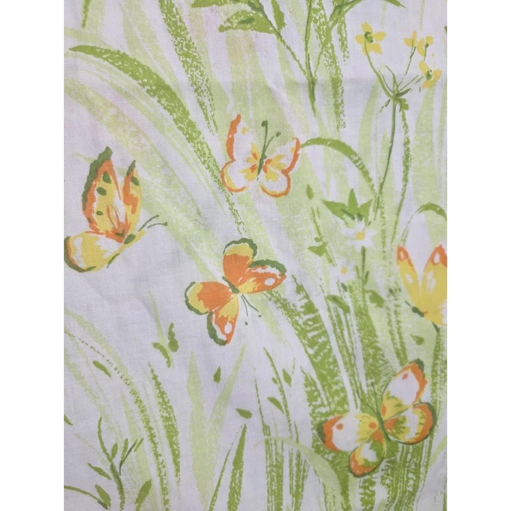 Retro Bibb Flower Power Twin Flat Spring Meadow Butterfly Green Yellow Orang